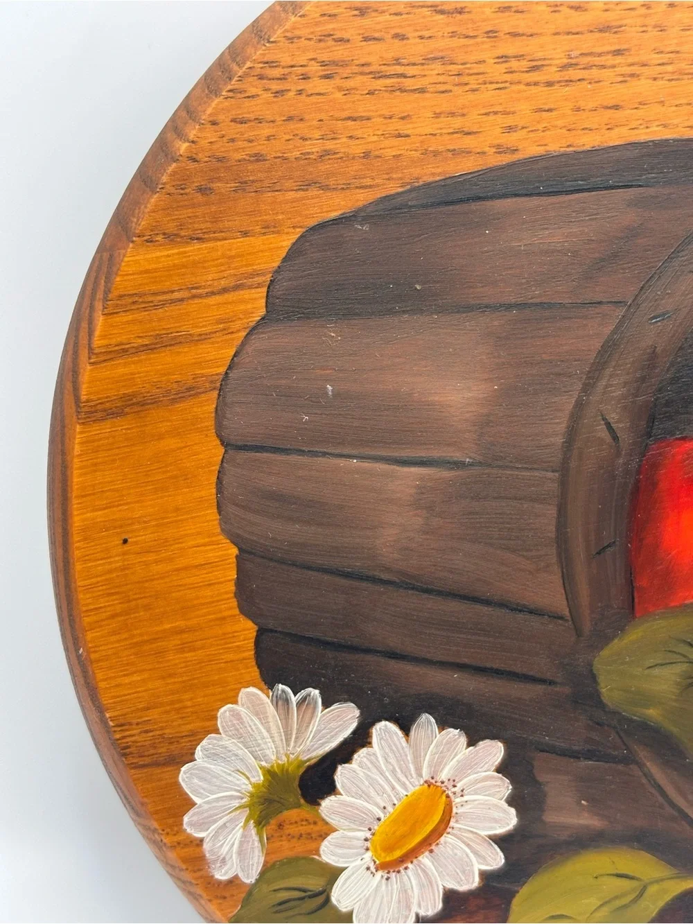 Vintage Hand-Painted Round Wooden Wall Plaque, Red Apples in Wooden Barrel